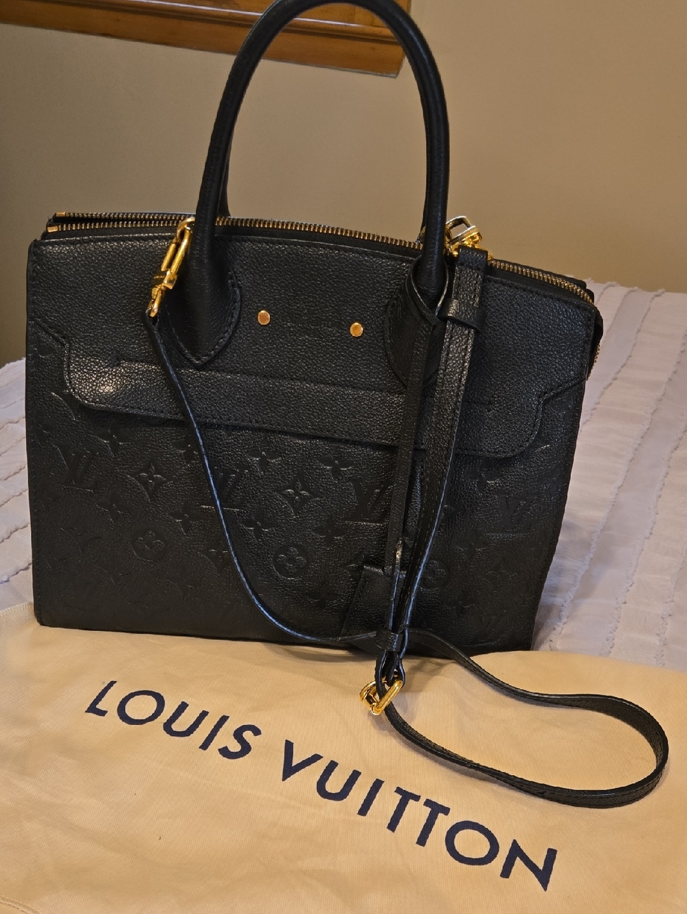 Authentic Louis Vuitton Black Embossed Leather Satchel with Gold-Tone Hardware